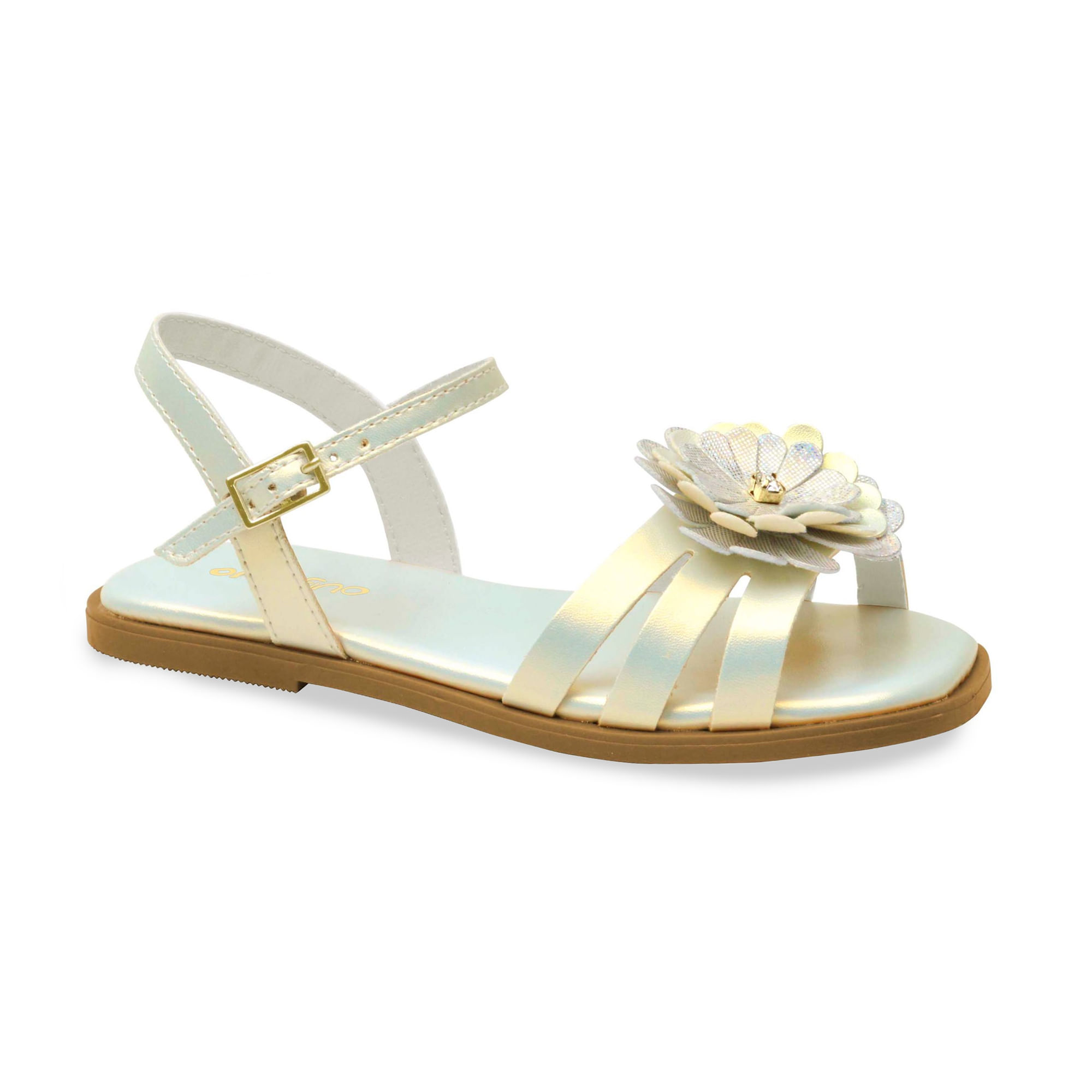 Sandália infantil feminina Ortofino dourado holográfico vista frontal com tiras sintéticas e fivela ajustável